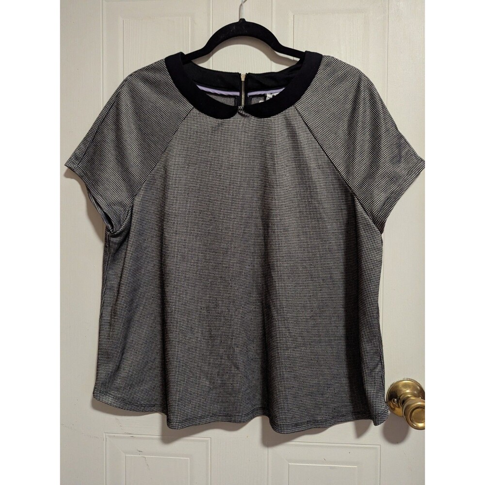 ELLE Women's XL Black/White Houndstooth 1/2 Zip Collared Raglan Blouse Top Check